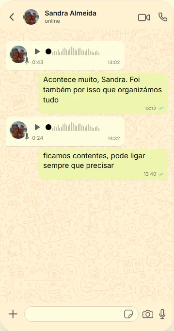 Conversa de WhatsApp com a cliente Sandra Almeida